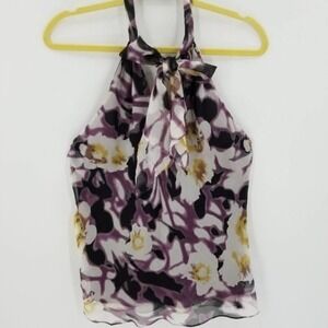 Milly of New York Tie Neck Floral Silk Overlay Lined Halter Top Shirt Size 10